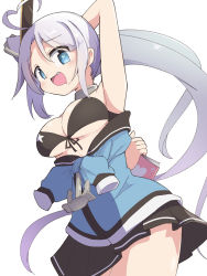 Rule 34 | 1girl, :d, ahoge, arm behind back, arm behind head, arm up, armpits, azur lane, bare shoulders, bikini, bikini top only, black bikini, black skirt, blue eyes, blue jacket, blush, book, breasts, cleavage, commentary, cowboy shot, drooling, dutch angle, fang, floating hair, front-tie bikini top, front-tie top, hair between eyes, headgear, heart, heart-shaped pupils, heart ahoge, highres, holding, holding book, jacket, large breasts, long hair, looking at viewer, mouth drool, nekonetoru take, off shoulder, open mouth, oppai loli, pleated skirt, portland (azur lane), side ponytail, sidelocks, silver hair, simple background, skirt, smile, solo, standing, star (symbol), star print, swimsuit, symbol-shaped pupils, tied sleeves, very long hair, white background