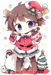 Rule 34 | 10s, 1girl, ahoge, bad id, bad pixiv id, bell, belt, blue eyes, blush, boots, bow, box, brown hair, cake, chibi, christmas, christmas tree, failure penguin, food, full body, fur trim, gift, gift box, gloves, hat, headgear, hiei (kancolle), holding, kantai collection, kyou (nekoneko), looking at viewer, miss cloud, plaid, plaid skirt, red gloves, sack, santa costume, santa hat, short hair, skirt, smile, solo, standing, star (symbol), thigh boots, thighhighs