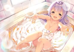 Rule 34 | 1girl, :d, amacha, azur lane, barefoot, bath, bathing, bathtub, blush, breasts, bubble, cleavage, collarbone, commentary request, feet, hair bun, indoors, long hair, looking at viewer, medium breasts, nude, one side up, open mouth, outstretched arms, partially submerged, presenting, purple eyes, purple hair, rubber duck, side bun, single hair bun, single side bun, smile, soles, solo, tile wall, tiles, toes, unicorn (azur lane), water