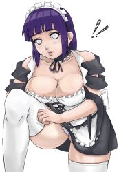 Rule 34 | !, 1girl, breast press, breasts, cleavage, curvy, female focus, frills, hyuuga hinata, large breasts, long hair, maid, maid headdress, naruto, naruto (series), panties, purple hair, sakuama, simple background, solo, thighhighs, underwear, white background, white eyes