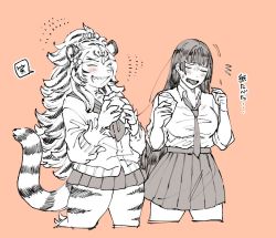 Rule 34 | 2girls, animal ears, blush, breasts, closed eyes, collared shirt, commentary request, cowboy shot, cropped legs, durga (housamo), food, furry, furry female, greyscale with colored background, hands up, happy aura, head chain, high ponytail, holding, holding food, jewelry, long hair, miniskirt, monochrome, multiple girls, neckerchief, necktie, nori (h s 050), open mouth, partially translated, pink background, pleated skirt, protagonist 2 (housamo), sailor collar, school uniform, shirt, skirt, sleeve rolled up, sweater, tail, tiger ears, tiger girl, tiger tail, tokyo houkago summoners, tongue, tongue out, translation request