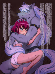 Rule 34 | 10s, 1girl, bad id, bad pixiv id, barefoot, blush, bra, eyelashes, frown, furry, furry male, hand on another&#039;s head, highres, hime momojirou, hoshizora miyuki, hug, interspecies, lingerie, long hair, panties, pink hair, precure, short hair, short twintails, smile precure!, sweat, tail, text focus, topless male, translation request, twintails, underwear, werewolf, white bra, white hair, white panties, wolf tail, wolfrun