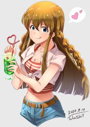 Rule 34 | 1girl, absurdres, belt, blue eyes, blush, braid, breasts, brown belt, brown hair, cherry, cleavage, crazy straw, cropped jacket, cropped legs, cropped shirt, cropped torso, dated, denim, denim shorts, drink, drinking straw, food, front-tie top, fruit, grey background, heart, heart straw, highres, holding, holding drink, ice cream, ice cream float, idolmaster, idolmaster million live!, jacket, kousaka umi, long hair, looking at viewer, medium breasts, melon soda, navel, shirt, short sleeves, shorts, side braid, signature, simple background, smile, solo, spoken heart, striped clothes, striped shirt, takatsuki p, tongue, tongue out, twin braids, white jacket