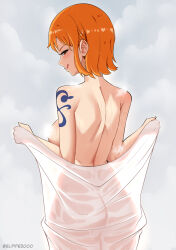 Rule 34 | 1girl, :q, absurdres, ass, back, breasts, brown eyes, butt crack, convenient censoring, elpipe 3000, from behind, highres, large breasts, licking lips, looking at viewer, looking back, naked towel, nami (one piece), one piece, orange hair, short hair, shoulder tattoo, solo, steam, steam censor, tattoo, tongue, tongue out, towel, wet