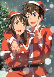 Rule 34 | 10s, 1boy, 1girl, age progression, alternate costume, black hair, blue eyes, blush, braid, brown eyes, brown hair, chiharu (9654784), christmas tree, commentary request, couple, eye contact, french braid, hair ribbon, holding hands, hand on another&#039;s face, hat, hetero, highres, interlocked fingers, kimi no na wa., long hair, looking at another, miyamizu mitsuha, aged up, open mouth, red ribbon, ribbon, santa costume, santa hat, snowing, spoilers, sweatdrop, tachibana taki, v