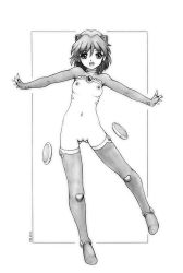 Rule 34 | 1girl, :d, animal ears, border, breasts, cat ears, censored, choker, cleft of venus, collarbone, fingerless gloves, full body, gloves, graphite (medium), greyscale, harumachi nagaaki, highres, medium breasts, monochrome, navel, nipples, nude, open mouth, original, pussy, simple background, smile, solo, thighhighs, traditional media, white background