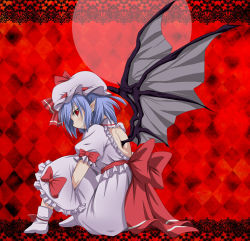 Rule 34 | 1girl, backless outfit, bat wings, boots, border, checkered background, dress, female focus, frown, hat, hat ribbon, highres, hugging own legs, knees up, lace, light purple hair, mob cap, pointy ears, puffy sleeves, red background, red eyes, remilia scarlet, ribbon, short hair, short sleeves, sitting, solo, touhou, u-zone, wings