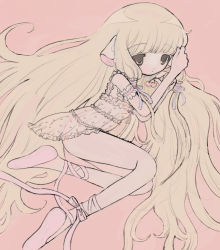 Rule 34 | 1girl, android, armband, artist request, ballet slippers, blonde hair, bow, cherry, chii, chobits, dress, expressionless, flower print, food, footwear bow, frills, fruit, hair tubes, highres, long hair, lying, nightgown, persocom, ribbon, robot ears, see-through, see-through dress, solo, transparent, very long hair
