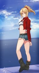 Rule 34 | 1girl, bandeau, bird, black footwear, blonde hair, blue sky, cloud, commentary, cropped jacket, cutoffs, day, denim, denim shorts, fate/apocrypha, fate/grand order, fate (series), green eyes, hair ornament, hair scrunchie, highres, jacket, kneepits, legs, looking at viewer, looking back, midriff, mordred (fate), mordred (fate/apocrypha), mordred (memories at trifas) (fate), open clothes, open jacket, ponytail, red jacket, scrunchie, short shorts, shorts, sky, solo, standing, surfboard, thank you, tusia