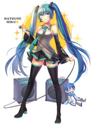 Rule 34 | 1girl, aqua eyes, aqua hair, artist name, bad id, bad pixiv id, blue scarf, boots, character name, detached sleeves, hatsune miku, headset, high heels, kaito (vocaloid), long hair, microphone, namyo, necktie, scarf, shoes, skirt, solo, thigh boots, thighhighs, twintails, very long hair, vocaloid, white background
