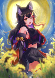 Rule 34 | 1girl, animal ear fluff, animal ears, bell, black hair, blush, breasts, hair between eyes, hair ornament, hairclip, highres, hololive, hololive gamers, long hair, looking at viewer, meadow, mihaeru, moon, multicolored hair, night, night sky, ookami mio, ookami mio (1st costume), open mouth, red hair, sky, smile, streaked hair, tail, thighs, virtual youtuber, wolf ears, wolf girl, wolf tail, yellow eyes