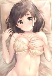 Rule 34 | 1girl, bad id, bad twitter id, blush, bow, bow bra, bra, bra pull, breasts, brown eyes, brown hair, cleavage, clothes pull, collarbone, commentary, covering privates, covering breasts, covering one breast, highres, lying, medium hair, navel, on back, original, out-of-frame censoring, pasdar, pillow, solo, strap slip, sweat, underwear, underwear only