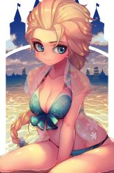 Rule 34 | 1girl, alternate costume, between legs, bikini, blonde hair, blouse, blue bikini, blue eyes, blue sky, blush, boat, border, braid, braided ponytail, breasts, castle, cleavage, cloud, collarbone, day, elsa (frozen), eyeshadow, female focus, forehead, front-tie bikini top, front-tie top, frozen (disney), hair ornament, hand between legs, happy, highres, kashu (hizake), large breasts, long hair, looking to the side, makeup, open clothes, open shirt, outdoors, outside border, parted lips, partially submerged, ponytail, see-through, shiny skin, shirt, short sleeves, single braid, sitting, skindentation, sky, smile, snowflake hair ornament, snowflake print, solo, swimsuit, teeth, water, watercraft, white border