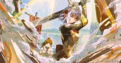 Rule 34 | + +, 2girls, artist name, black shirt, braid, braided bangs, breasts, bright pupils, brown eyes, brown hair, clenched hands, cloud, commentary, cuirass, detached sleeves, dust, elbow gloves, ellin (genshin impact), english commentary, favonius greatsword (genshin impact), flag, flower, frown, genshin impact, gloves, green eyes, grey gloves, grey hair, hair behind ear, hair flower, hair ornament, highres, himaeart, holding, holding sword, holding weapon, long hair, maid headdress, medium breasts, metal gloves, multiple girls, noelle (genshin impact), red flower, shirt, short hair, sky, solo focus, sword, two-handed, weapon, white pupils