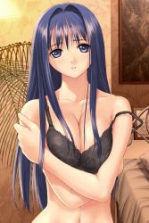 Rule 34 | 00s, 1girl, after (game), bare shoulders, bed, black bra, blue eyes, blue hair, bra, breasts, breasts squeezed together, chihaya miyuki, cleavage, crossed arms, floral print, game cg, hair intakes, hair over breasts, highres, holding own arm, lace, lace-trimmed bra, lace trim, large breasts, lights, lingerie, long hair, looking at viewer, matching hair/eyes, navel, painting (object), parted lips, pillow, self hug, sidelocks, solo, strap slip, tony taka, underwear, underwear only, upper body, very long hair, wide hips