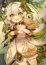 Rule 34 | 1girl, absurdres, bare legs, bloomers, book, bracelet, cape, commentary request, cowboy shot, dress, excited, flower-shaped pupils, genshin impact, gold trim, gradient hair, green cape, green eyes, green hair, grey hair, hair ornament, happy, highres, holding, holding book, holding map, holding paper, indoors, jewelry, looking at viewer, map, multicolored hair, nahida (genshin impact), paper, paper stack, pointy ears, ponytail, shelf, side ponytail, solo, symbol-shaped pupils, tgf pic, underwear, white bloomers, white dress