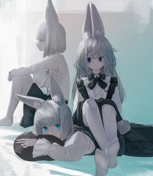 Rule 34 | 3girls, animal ear fluff, animal ears, bare shoulders, black bow, black skirt, black vest, blue eyes, bow, closed mouth, covered mouth, grey hair, highres, knees up, long hair, long sleeves, looking at viewer, lying, multiple girls, on stomach, original, pantyhose, profile, puffy long sleeves, puffy sleeves, rabbit ears, rabbit girl, rabbit tail, resolution mismatch, shirt, short hair, skirt, smile, source larger, tail, timitarcat, very long hair, vest, white hair, white legwear, white shirt