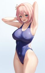Rule 34 | 1girl, absurdres, armpits, arms behind head, blue background, blue eyes, blue one-piece swimsuit, breasts, commentary, covered erect nipples, gradient background, hair ornament, hairband, highleg, highleg swimsuit, highres, large breasts, looking at viewer, one-piece swimsuit, open mouth, princess connect!, school swimsuit, sira (user dswn7488), solo, swimsuit, thighs, yellow hairband, yui (princess connect!)