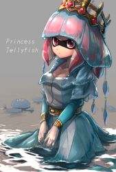 Rule 34 | 1girl, belt, blue dress, breasts, character name, cleavage, closed mouth, collarbone, crown, dress, expressionless, gem, gloves, grey background, highres, inkling, inkling girl, inkling player character, jellyfish (splatoon), kashu (hizake), long sleeves, looking away, mask, monster girl, nintendo, original, pink eyes, pink hair, sitting, small breasts, tentacle hair, transparent, water, white gloves
