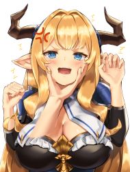 Rule 34 | 1girl, absurdres, anger vein, angry, armor, basil (st 1), blonde hair, blue eyes, blunt bangs, blush, breasts, cheek poking, cleavage, clenched hand, disembodied hand, draph, grabbing another&#039;s chin, granblue fantasy, hair intakes, highres, horns, huge filesize, large breasts, long hair, open mouth, pauldrons, pointy ears, poking, pov, razia, shoulder armor, simple background, solo focus, upper body, wavy mouth, white background
