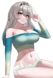 Rule 34 | 1girl, alternate costume, aqua bikini, aqua shirt, bare shoulders, bikini, black hairband, blush, breasts, cleavage, commentary, crop top, firefly (honkai: star rail), grey hair, hairband, hand up, highres, honkai: star rail, honkai (series), hum455, large breasts, long hair, long sleeves, looking at viewer, midriff, navel, no pants, off-shoulder shirt, off shoulder, parted lips, purple eyes, shirt, simple background, sitting, solo, stomach, swimsuit, thighs, very long hair, white background