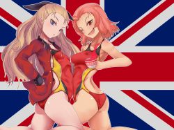 Rule 34 | 10s, 2girls, ;d, ass, assam (girls und panzer), blonde hair, blue eyes, butt crack, competition swimsuit, cup, dateya torahachi, flag background, from side, girls und panzer, jacket, long hair, multiple girls, one-piece swimsuit, one eye closed, open mouth, red eyes, red hair, rosehip (girls und panzer), short hair, skindentation, smile, spill, swimsuit, teacup, union jack