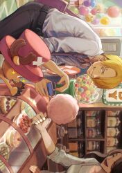 Rule 34 | 1girl, 2boys, blonde hair, candy, cigar, commentary request, excited, food, hair over one eye, happy, hat, highres, looking at another, multiple boys, necktie, oekakiboya, one piece, reindeer, sanji (one piece), shirt, shop, short hair, sideways, smile, smoking, standing, tony tony chopper
