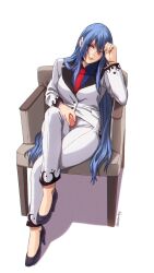 Rule 34 | 1girl, :3, absurdres, alternate costume, armchair, artist name, blue hair, blue shirt, chair, commentary, commission, crossed legs, english commentary, food, formal, fruit, hand on own forehead, high heels, highres, hinanawi tenshi, holding, holding food, holding fruit, lips, long hair, looking at viewer, necktie, no headwear, red eyes, red necktie, shadow, shirt, simple background, sitting, solo, suit, touhou, ultragruntyy, variant set, very long hair, white background, white suit