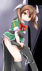Rule 34 | 2girls, anbee (arary), asymmetrical legwear, black gloves, black skirt, black socks, blush, bow, bowtie, brown hair, elbow gloves, embarrassed, fang, female focus, gloves, green jacket, hair ribbon, hand up, have to pee, highres, jacket, kantai collection, kneehighs, looking up, mismatched legwear, multiple girls, open mouth, peeing, peeing self, pelvic curtain, red neckwear, ribbon, shirt, short sleeves, silhouette, single glove, single kneehigh, single sock, single thighhigh, skirt, skirt grab, smile, socks, solo focus, standing, tears, thighhighs, tone (kancolle), trembling, twintails, wet, wet clothes, white ribbon, white shirt, yellow eyes