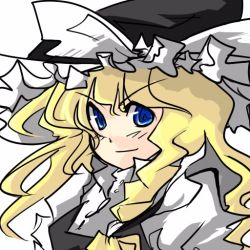 Rule 34 | 1girl, blonde hair, blue eyes, female focus, hat, kirisame marisa, saiste, solo, touhou, upper body, white background, witch, witch hat