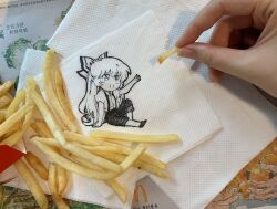 Rule 34 | 1girl, arm up, bow, collared shirt, commentary, food, french fries, fujiwara no mokou, hair bow, highres, holding, jokanhiyou, long hair, mcdonald&#039;s, napkin, no nose, open mouth, pants, photo (medium), puffy short sleeves, puffy sleeves, shirt, short sleeves, sketch, solo, suspenders, symbol-only commentary, touhou, traditional media, unconventional media