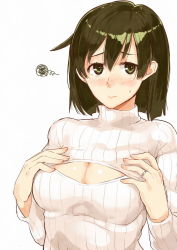 Rule 34 | 10s, 1girl, blush, breasts, brown eyes, brown hair, cleavage, embarrassed, hands on own chest, hiryuu (kancolle), jewelry, kantai collection, large breasts, long sleeves, meme attire, open-chest sweater, poco (backboa), ribbed sweater, ring, short hair, simple background, solo, sweatdrop, sweater, turtleneck, upper body, wedding band, white background