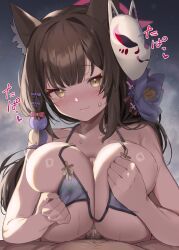 Rule 34 | 1girl, animal ear fluff, animal ears, bare shoulders, bikini, black hair, blue archive, blush, breasts, breasts squeezed together, censored, covered erect nipples, flower, fox ears, fox girl, fox mask, hair flower, hair ornament, halo, highres, large breasts, light smile, long hair, looking at viewer, mask, mosaic censoring, nose blush, paid reward available, paizuri, penis, pov, pov crotch, red halo, solo, string bikini, swimsuit, tsudanuma, wakamo (blue archive), wakamo (swimsuit) (blue archive), white bikini, yellow eyes
