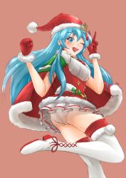 Rule 34 | ;d, aqua hair, armor, ass, blue eyes, blush, boots, breasts, cape, deekei, earrings, eirika (fire emblem), fire emblem, fire emblem: the sacred stones, fire emblem heroes, fur trim, gloves, hair ornament, hat, highres, jewelry, leg up, long hair, miniskirt, nintendo, one eye closed, open mouth, panties, pleated skirt, pom pom (clothes), red gloves, red thighhighs, santa hat, signature, skirt, smile, thigh boots, thighhighs, thighs, underwear, v, white footwear, white panties