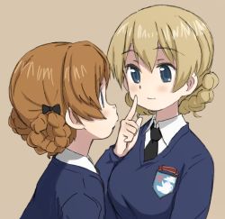 Rule 34 | 10s, 2girls, black bow, black neckwear, blonde hair, blue eyes, blue sweater, bow, braid, brown background, closed mouth, commentary, darjeeling (girls und panzer), dress shirt, emblem, finger to mouth, from side, girls und panzer, hair bow, long sleeves, looking at another, multiple girls, necktie, nogitatsu, orange hair, orange pekoe (girls und panzer), school uniform, shirt, short hair, simple background, smile, st. gloriana&#039;s (emblem), st. gloriana&#039;s school uniform, sweater, twin braids, upper body, v-neck, white shirt, wing collar, yuri