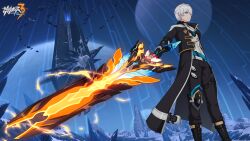 Rule 34 | 1boy, belt, black footwear, black gloves, black pants, black sleeves, blue belt, blue eyes, chinese commentary, cleavage cutout, closed mouth, clothing cutout, coat, feet out of frame, gloves, highres, holding, holding sword, holding weapon, honkai (series), honkai impact 3rd, kevin kaslana, knee pads, long coat, long jacket, looking ahead, male focus, official art, official wallpaper, open clothes, open coat, pants, parted bangs, short hair, single knee pad, snow, solo, standing, sword, tower, weapon, white hair