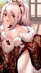 Rule 34 | 1girl, absurdres, areola slip, azur lane, bare shoulders, black kimono, breasts, bridal gauntlets, cleavage, fur-trimmed kimono, fur-trimmed sleeves, fur trim, hair between eyes, hair ornament, hair stick, high ponytail, highres, indoors, japanese clothes, kimono, large breasts, long hair, multicolored clothes, multicolored kimono, off shoulder, official alternate costume, open mouth, prinz heinrich (azur lane), prinz heinrich (fireworks and tapestries) (azur lane), red eyes, samip, slit pupils, solo, white hair