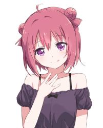 Rule 34 | 1girl, :q, ahoge, akaza akari, bare shoulders, black bow, bow, closed mouth, collarbone, double bun, hair between eyes, hair bun, hair intakes, hand on own chest, hand up, head tilt, looking away, off-shoulder shirt, off shoulder, purple eyes, purple shirt, red hair, revision, shikou ver2, shirt, short hair, short sleeves, simple background, smile, solo, tongue, tongue out, upper body, white background, yuru yuri