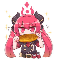 Rule 34 | 1girl, black ribbon, black shirt, blue archive, blush, chibi, commentary request, corn, corn cob, cropped torso, curled horns, eating, food, hair between eyes, hair ribbon, halo, hands up, highres, holding, holding food, horns, junko (blue archive), long hair, looking at viewer, naga u, pointy ears, red eyes, red hair, red neckwear, ribbon, shirt, short sleeves, simple background, solo, sparkle, twintails, upper body, v-shaped eyebrows, very long hair, white background