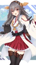 Rule 34 | 1girl, absurdres, boots, cannon, detached sleeves, frilled skirt, frills, grey hair, hair ornament, hairband, hairclip, haruna (kancolle), headgear, highres, japanese clothes, kantai collection, long hair, nontraditional miko, red skirt, ribbon-trimmed sleeves, ribbon trim, rigging, skirt, solo, thigh boots, thighhighs, toketa-sekai, turret
