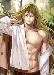 Rule 34 | 1boy, abs, bare pectorals, belt, black belt, brown jacket, buttons, closed mouth, collarbone, collared shirt, commentary request, cowboy shot, danganronpa (series), danganronpa v3: killing harmony, forest, glasses, gokuhara gonta, green hair, hair between eyes, holding, holding clothes, holding jacket, jacket, light smile, long hair, male focus, nature, nipples, outdoors, partial commentary, partially undressed, pectorals, red eyes, round eyewear, shirt, shirt partially removed, signature, solo, teneko, toned, toned male, two-sided fabric, two-sided jacket, very long hair, white shirt