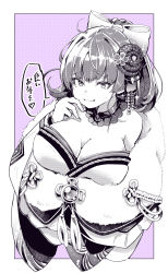 Rule 34 | 1girl, alternate costume, bow, breasts, cleavage, detached collar, finger to own chin, from above, fur trim, hair bow, hair down, hair ornament, highres, hololive, houshou marine, houshou marine (new year), japanese clothes, kimono, large breasts, looking at viewer, looking up, purple theme, solo, speech bubble, translation request, virtual youtuber, white bow, yagi (yagiumaaai), yukata