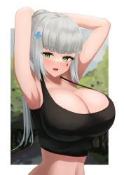 Rule 34 | 1girl, armpits, arms behind head, arms up, blunt bangs, breasts, cleavage, facial mark, girls&#039; frontline, green eyes, hair ornament, highres, hk416 (girls&#039; frontline), huge breasts, large breasts, long hair, looking at viewer, navel, open mouth, organ3432, outdoors, outside border, ponytail, sidelocks, smile, solo, sports bra, strap gap, teardrop, teardrop facial mark, teardrop tattoo, upper body, white hair, x hair ornament