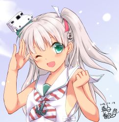 Rule 34 | 1girl, anchor hair ornament, anchor necklace, blunt bangs, commentary request, dress, green eyes, grey background, hair ornament, hair ribbon, highres, jewelry, kantai collection, long hair, looking at viewer, maestrale (kancolle), mashiro yukiya, neckerchief, necklace, one-hour drawing challenge, one eye closed, one side up, ribbon, sailor collar, sailor dress, salute, silver hair, sleeveless, sleeveless dress, solo, striped neckerchief, striped neckwear, tan, tanline, white dress, white ribbon