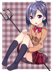 Rule 34 | 10s, 1girl, :d, black socks, blue hair, blush, border, cardigan, checkered background, checkered clothes, checkered skirt, collared shirt, gabriel dropout, hair between eyes, hair ornament, hairclip, kneehighs, knees up, legs together, looking at viewer, no shoes, open mouth, pigeon-toed, plaid, plaid background, plaid skirt, pleated skirt, polearm, purple eyes, red skirt, shirt, short hair, sitting, skirt, smile, socks, solo, trident, usume shirou, vignette tsukinose april, weapon, white border, white shirt, wing collar, x hair ornament