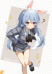 Rule 34 | 1girl, ?, absurdres, animal ear fluff, animal ears, blue hair, blush, bow, bowtie, brat (brabrabrat00), brown bow, brown bowtie, brown footwear, character name, closed mouth, footwear bow, full body, green jacket, grey skirt, highres, hololive, jacket, long hair, long sleeves, non-web source, open clothes, open jacket, plaid, plaid jacket, plaid skirt, rabbit ears, red eyes, shirt, shoes, short eyebrows, skirt, socks, solo, sparkle, standing, standing on one leg, thick eyebrows, usada pekora, very long hair, virtual youtuber, white shirt, white socks
