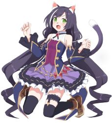 Rule 34 | 1girl, animal ear fluff, animal ears, black hair, black thighhighs, blouse, blush, boots, breasts, bridal garter, brown footwear, cat ears, cat girl, cat tail, detached sleeves, dress, fang, frilled dress, frills, green eyes, karyl (princess connect!), kumadano, legwear garter, long hair, low twintails, multicolored hair, open mouth, princess connect!, shirt, small breasts, solo, streaked hair, sweat, tail, thighhighs, twintails, white hair, white shirt