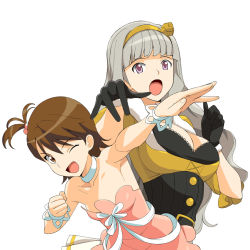Rule 34 | 00s, 2girls, 961 production, a1 (initial-g), armpits, breasts, brown eyes, brown hair, cleavage, cute &amp; girly (idolmaster), flat chest, futami ami, gloves, grey hair, idolmaster, idolmaster (classic), large breasts, long hair, multiple girls, one eye closed, pink eyes, shijou takane, short hair, simple background, wink