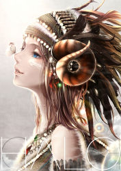 Rule 34 | 1girl, absurdres, bad id, bad pixiv id, blue eyes, bouno satoshi, brown hair, bug, feathers, highres, bug, jewelry, lens flare, lips, long hair, lots of jewelry, moth, native american, native american clothes, necklace, original, parted lips, profile, solo, upper body