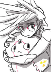 Rule 34 | 1boy, closed mouth, creature, facial mark, grey background, greyscale, hug, long hair, male focus, mizuno shinya, monochrome, original, shaded face, simple background, sketch, spot color, third eye